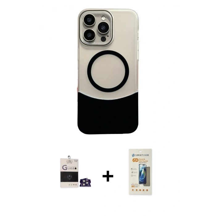 ieg™ iPhone 14 Pro Max Kılıf Kozmos Form Özel Seri - Siyah 6D Mat Seramik Hayalet Nano Ekran Koruyucu + Gümüş Bilvis Titan Kamera Lens