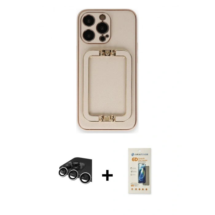 ieg™ iPhone 14 Pro Max Kılıf Kozmos Minimal Prime - Siyah 6D Mat Seramik Hayalet Nano Ekran Koruyucu + Gümüş Raze Metal Kamera Lens