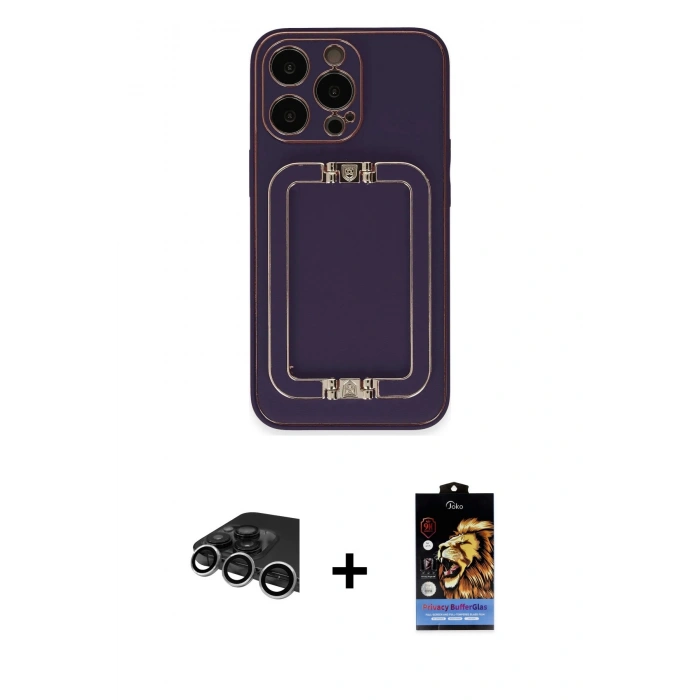 ieg™ iPhone 14 Pro Max Kılıf Kozmos Minimal Prime - Siyah Buffer Hayalet Cam Ekran Koruyucu + Gümüş Raze Metal Kamera Lens