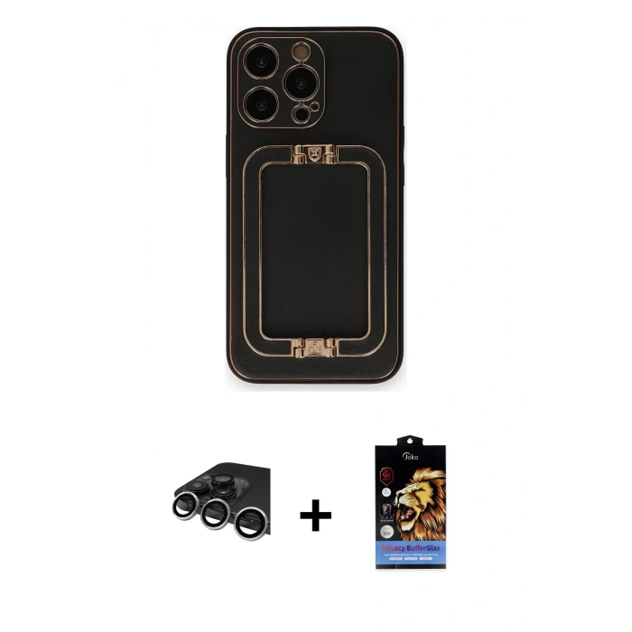 ieg™ iPhone 14 Pro Max Kılıf Kozmos Minimal Prime - Siyah Buffer Hayalet Cam Ekran Koruyucu + Gümüş Raze Metal Kamera Lens