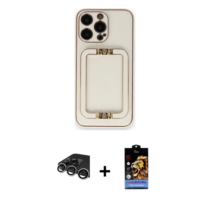 ieg™ iPhone 14 Pro Max Kılıf Kozmos Minimal Prime - Siyah Buffer Hayalet Cam Ekran Koruyucu + Gümüş Raze Metal Kamera Lens