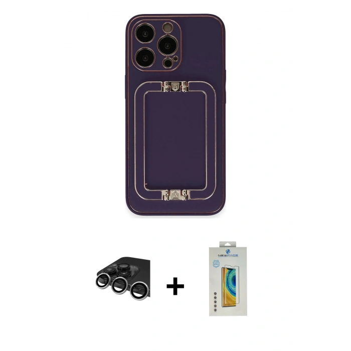 ieg™ iPhone 14 Pro Max Kılıf Kozmos Minimal Prime - Siyah Polymer Nano Ekran Koruyucu + Gümüş Raze Metal Kamera Lens