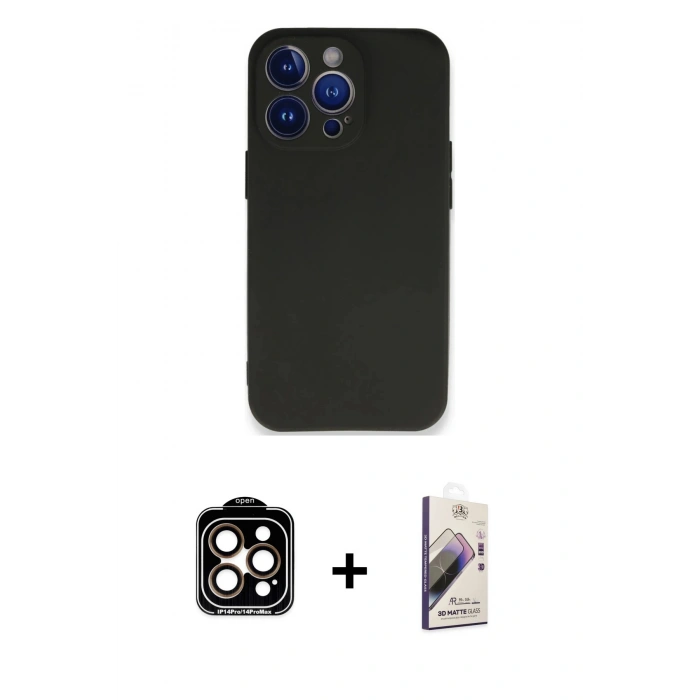 ieg™ iPhone 14 Pro Max Kılıf Kozmos Yansıma Özel Seri - Siyah Bilvis 3D Mat Cam Ekran Koruyucu + Turuncu PVD Metal Kamera Lens