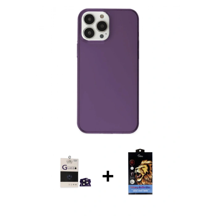 ieg™ iPhone 14 Pro Max Kılıf Kutup Doku Koleksiyonu - Siyah Buffer Hayalet Cam Ekran Koruyucu + Derin Mor Bilvis Titan Kamera Lens