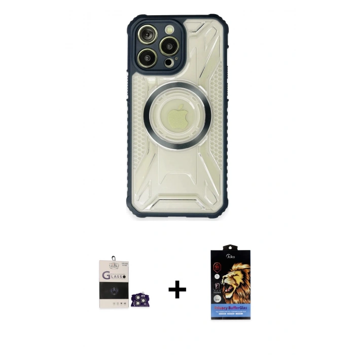 ieg™ iPhone 14 Pro Max Kılıf Kutup Modern - Siyah Buffer Hayalet Cam Ekran Koruyucu + Gümüş Bilvis Titan Kamera Lens