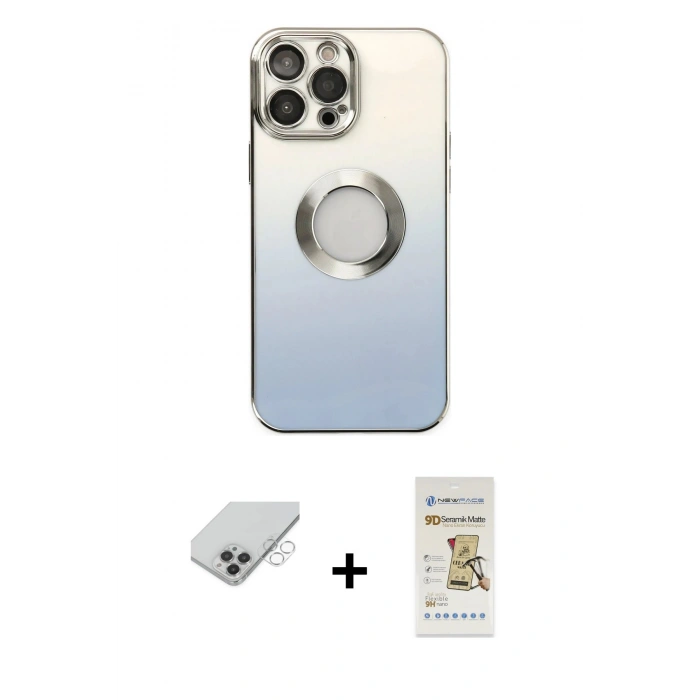 ieg™ iPhone 14 Pro Max Kılıf Kutup Yansıma Özel Seri - Siyah Mat Seramik Nano Ekran Koruyucu + Gümüş Band Metal Kamera Lens