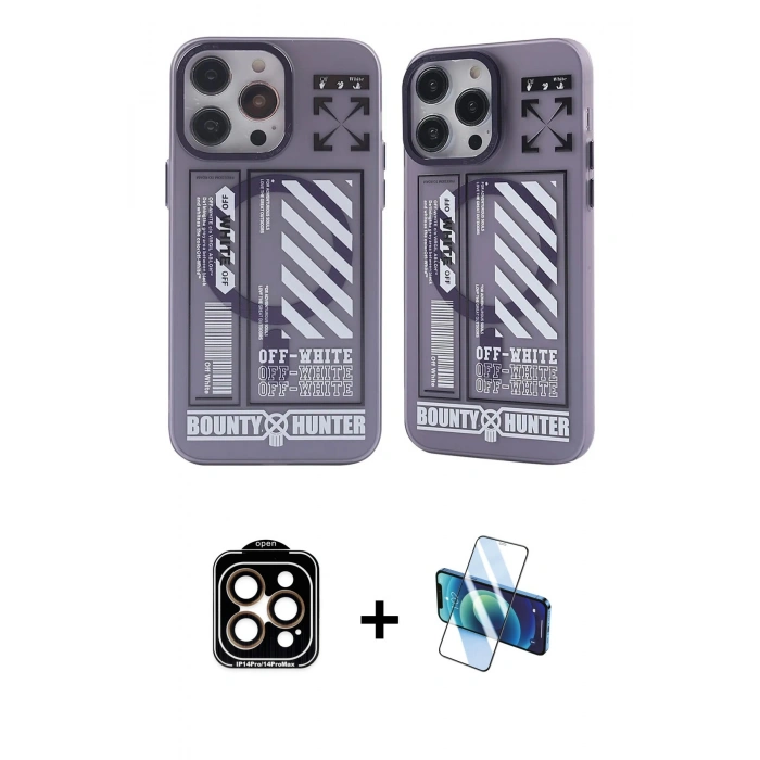 ieg™ iPhone 14 Pro Max Kılıf Nova Doku Koleksiyonu - Siyah 3D Antistatik Cam Ekran Koruyucu + Turuncu PVD Metal Kamera Lens