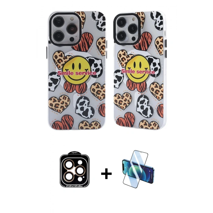 ieg™ iPhone 14 Pro Max Kılıf Nova Doku Koleksiyonu - Siyah 3D Antistatik Cam Ekran Koruyucu + Turuncu PVD Metal Kamera Lens