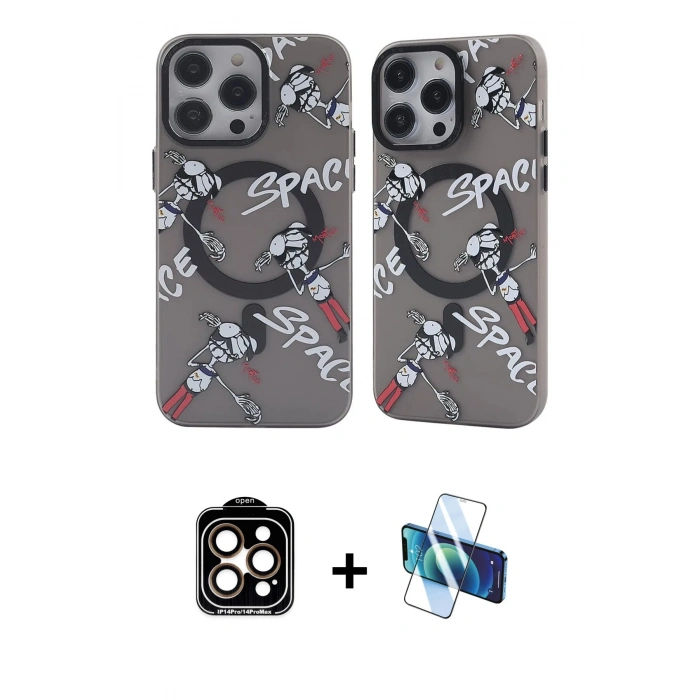 ieg™ iPhone 14 Pro Max Kılıf Nova Doku Koleksiyonu - Siyah 3D Antistatik Cam Ekran Koruyucu + Turuncu PVD Metal Kamera Lens