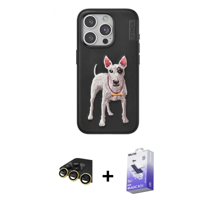 ieg™ iPhone 14 Pro Max Kılıf Nova Form Koleksiyonu - Siyah Bilvis 5in1 5D Magic Hayalet Cam Ekran Koruyucu + Gold Raze Metal Kamera Lens