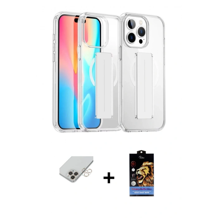 ieg™ iPhone 14 Pro Max Kılıf Nova Işık Koleksiyonu - Siyah Buffer Hayalet Cam Ekran Koruyucu + Gold Band Metal Kamera Lens