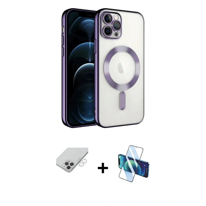 ieg™ iPhone 14 Pro Max Kılıf Nova Işık Özel Seri - Siyah 3D Antistatik Cam Ekran Koruyucu + Gümüş Band Metal Kamera Lens