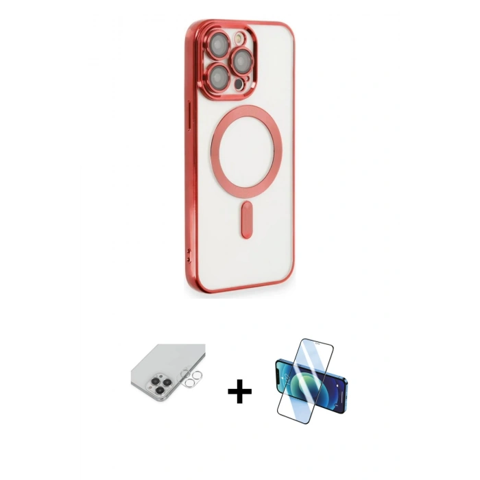 ieg™ iPhone 14 Pro Max Kılıf Nova Işık Özel Seri - Siyah 3D Antistatik Cam Ekran Koruyucu + Gümüş Band Metal Kamera Lens