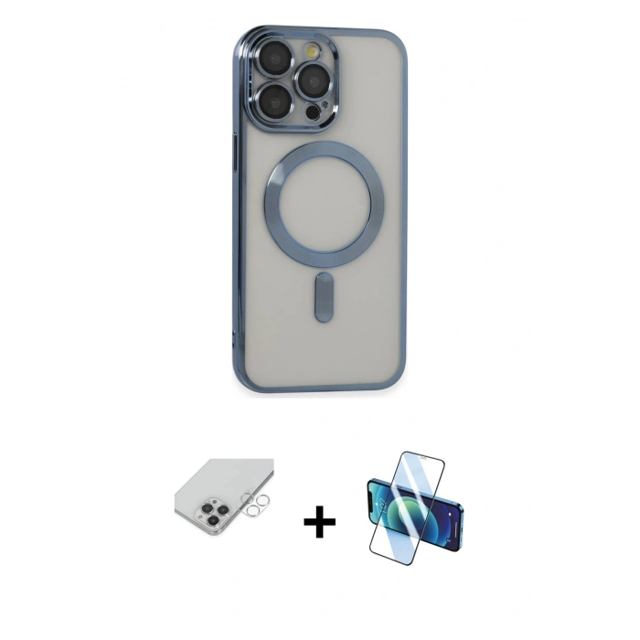 ieg™ iPhone 14 Pro Max Kılıf Nova Işık Özel Seri - Siyah 3D Antistatik Cam Ekran Koruyucu + Gümüş Band Metal Kamera Lens