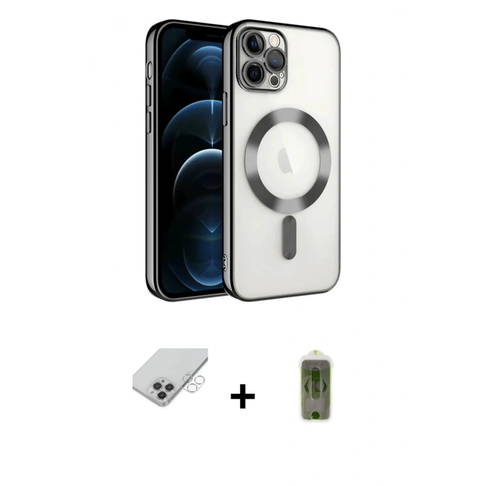 ieg™ iPhone 14 Pro Max Kılıf Nova Işık Özel Seri - Siyah Joko Magic 5D Hayalet Cam + Gümüş Band Metal Kamera Lens