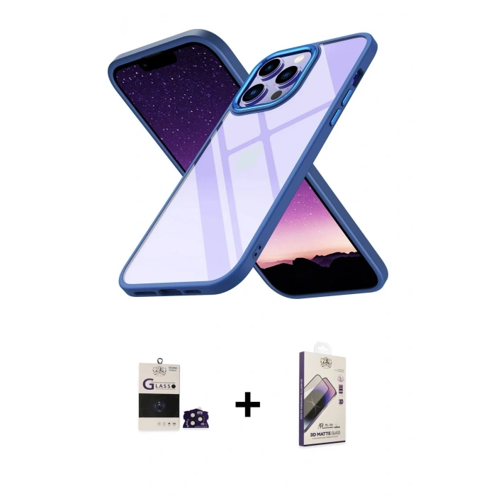 ieg™ iPhone 14 Pro Max Kılıf Nova Işık Serisi - Siyah Bilvis 3D Mat Cam Ekran Koruyucu + Derin Mor Bilvis Titan Kamera Lens