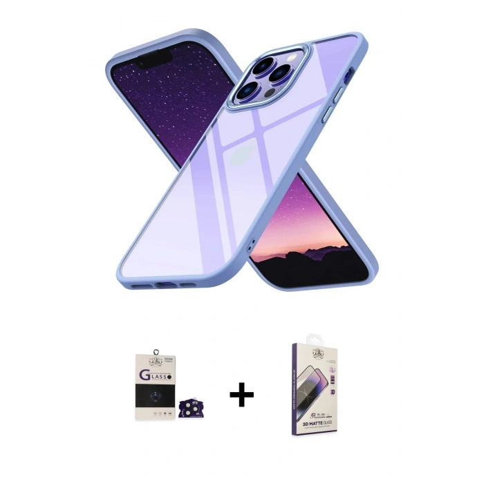 ieg™ iPhone 14 Pro Max Kılıf Nova Işık Serisi - Siyah Bilvis 3D Mat Cam Ekran Koruyucu + Derin Mor Bilvis Titan Kamera Lens