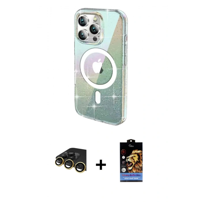 ieg™ iPhone 14 Pro Max Kılıf Odak Modern Serisi - Siyah Buffer Hayalet Cam Ekran Koruyucu + Gold Raze Metal Kamera Lens