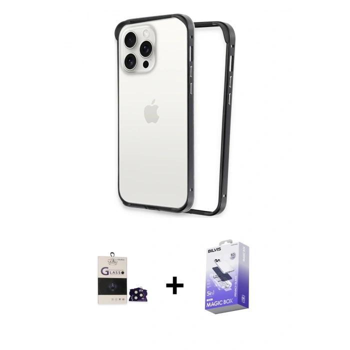 ieg™ iPhone 14 Pro Max Kılıf Pusula Asil Koleksiyonu - Siyah Bilvis 5in1 5D Magic Hayalet Cam Ekran Koruyucu + Siyah Bilvis Titan Kamera Lens