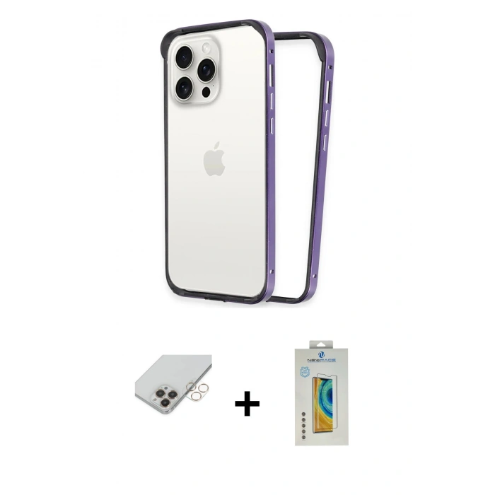 ieg™ iPhone 14 Pro Max Kılıf Pusula Asil Koleksiyonu - Siyah Polymer Nano Ekran Koruyucu + Gold Band Metal Kamera Lens