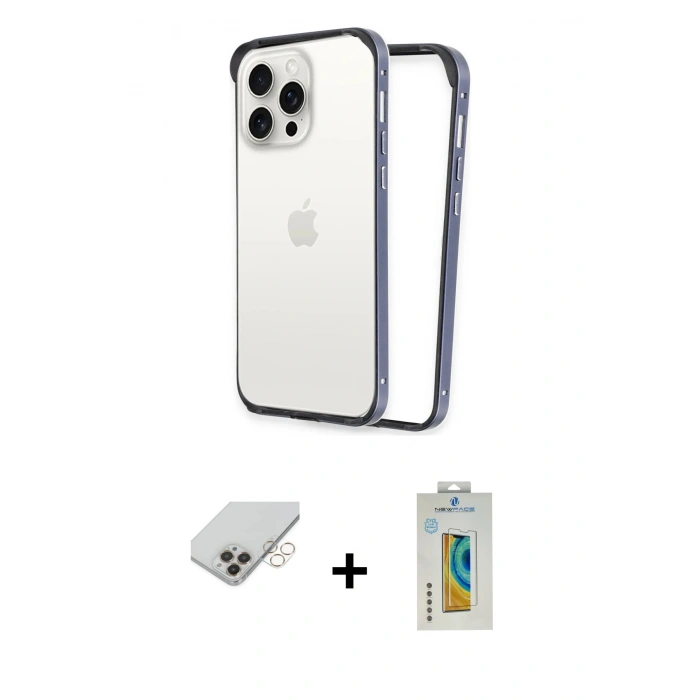 ieg™ iPhone 14 Pro Max Kılıf Pusula Asil Koleksiyonu - Siyah Polymer Nano Ekran Koruyucu + Gold Band Metal Kamera Lens