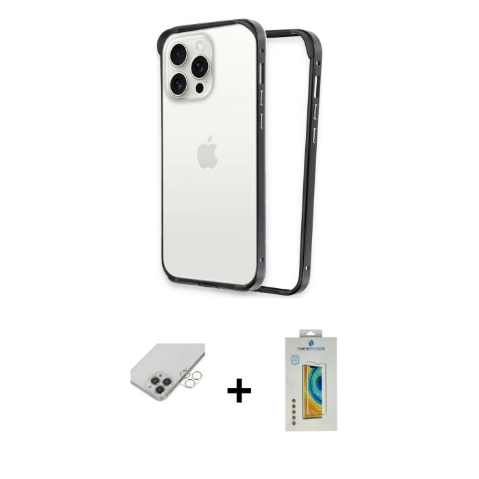 ieg™ iPhone 14 Pro Max Kılıf Pusula Asil Koleksiyonu - Siyah Polymer Nano Ekran Koruyucu + Gold Band Metal Kamera Lens