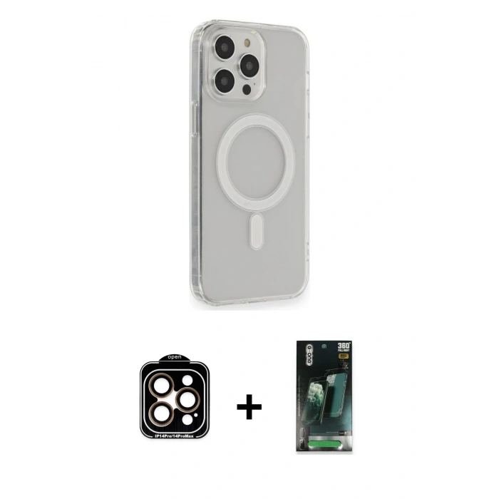 ieg™ iPhone 14 Pro Max Kılıf Pusula Çizgi Koleksiyonu - Siyah 360 Mat Full Body Arka Koruyucu + Turuncu PVD Metal Kamera Lens