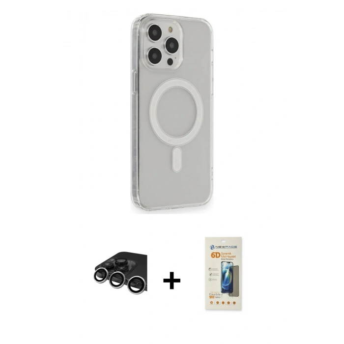 ieg™ iPhone 14 Pro Max Kılıf Pusula Çizgi Koleksiyonu - Siyah 6D Mat Seramik Hayalet Nano Ekran Koruyucu + Gümüş Raze Metal Kamera Lens