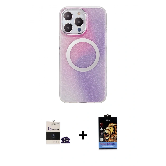 ieg™ iPhone 14 Pro Max Kılıf Pusula Form - Siyah Buffer Hayalet Cam Ekran Koruyucu + Derin Mor Bilvis Titan Kamera Lens