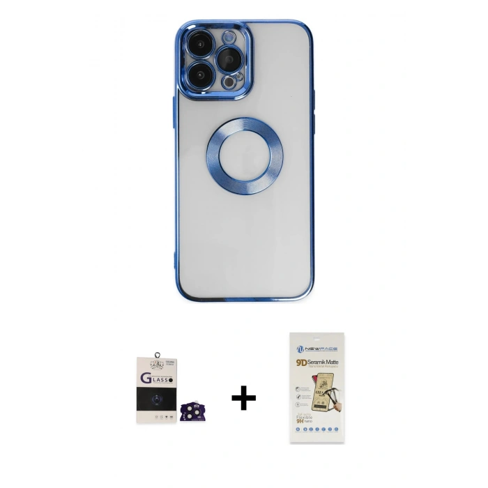 ieg™ iPhone 14 Pro Max Kılıf Pusula Form - Siyah Mat Seramik Nano Ekran Koruyucu + Derin Mor Bilvis Titan Kamera Lens
