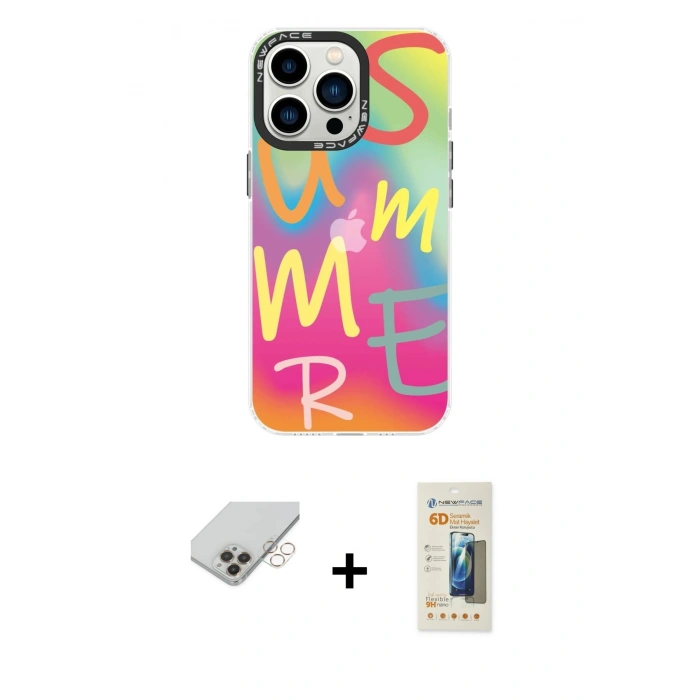 ieg™ iPhone 14 Pro Max Kılıf Siluet Çizgi Koleksiyonu - Siyah 6D Mat Seramik Hayalet Nano Ekran Koruyucu + Gold Band Metal Kamera Lens