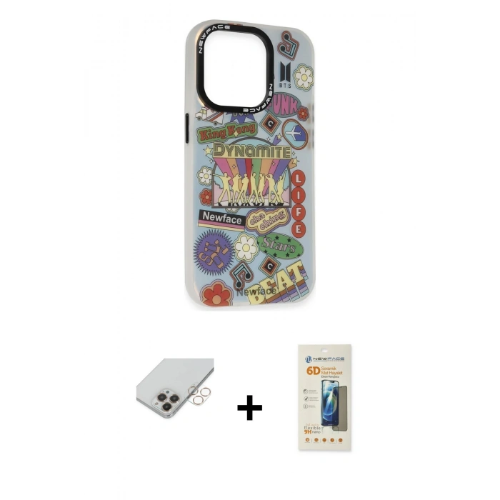 ieg™ iPhone 14 Pro Max Kılıf Siluet Çizgi Koleksiyonu - Siyah 6D Mat Seramik Hayalet Nano Ekran Koruyucu + Gold Band Metal Kamera Lens