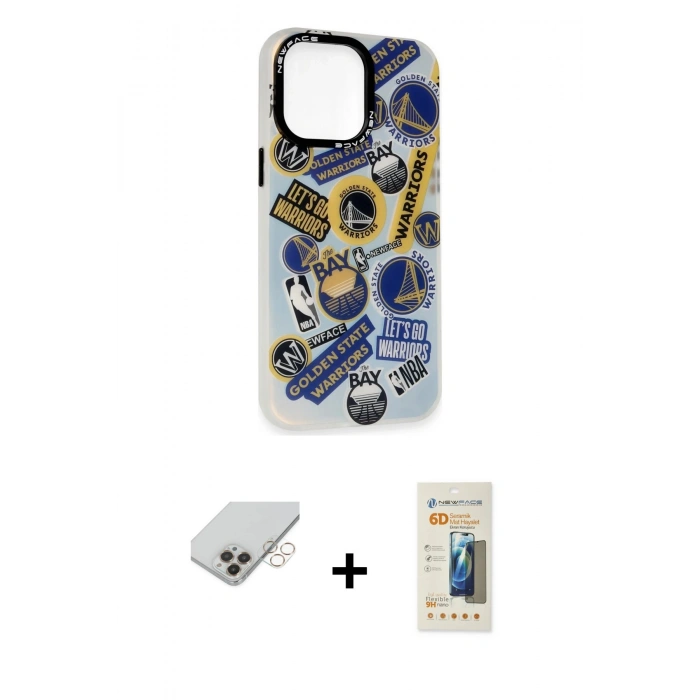 ieg™ iPhone 14 Pro Max Kılıf Siluet Çizgi Koleksiyonu - Siyah 6D Mat Seramik Hayalet Nano Ekran Koruyucu + Gold Band Metal Kamera Lens