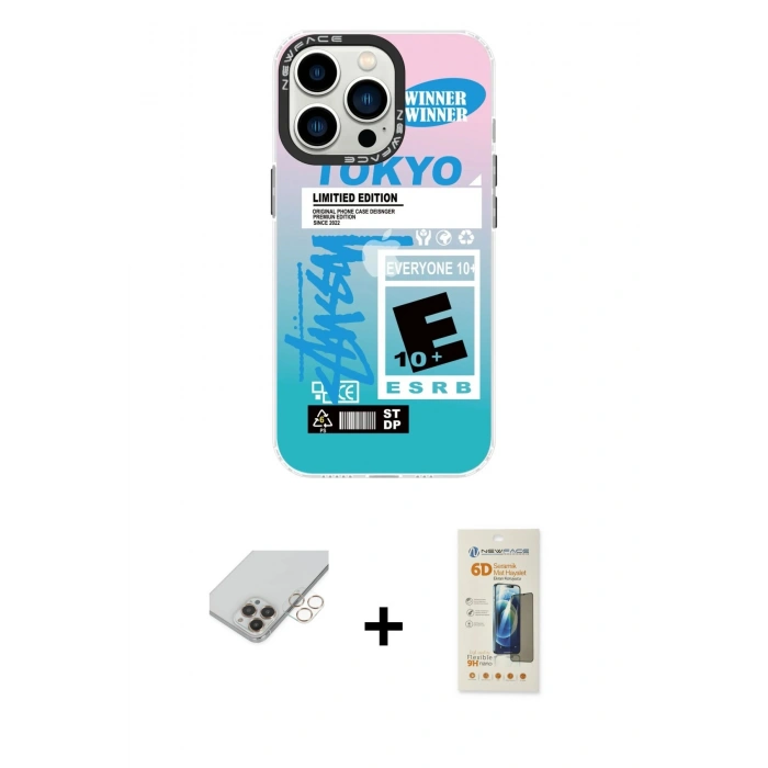 ieg™ iPhone 14 Pro Max Kılıf Siluet Çizgi Koleksiyonu - Siyah 6D Mat Seramik Hayalet Nano Ekran Koruyucu + Gold Band Metal Kamera Lens
