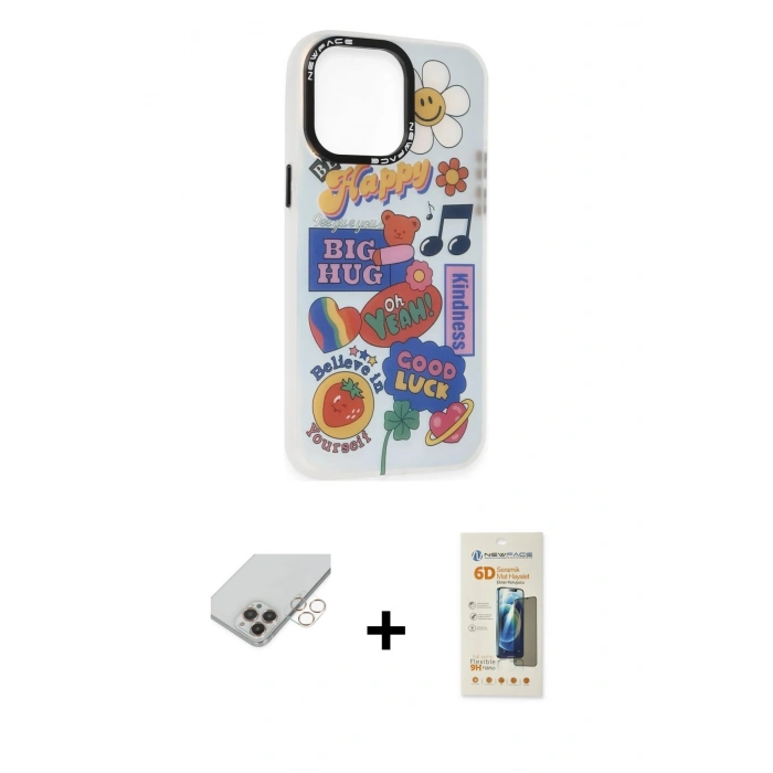 ieg™ iPhone 14 Pro Max Kılıf Siluet Çizgi Koleksiyonu - Siyah 6D Mat Seramik Hayalet Nano Ekran Koruyucu + Gold Band Metal Kamera Lens