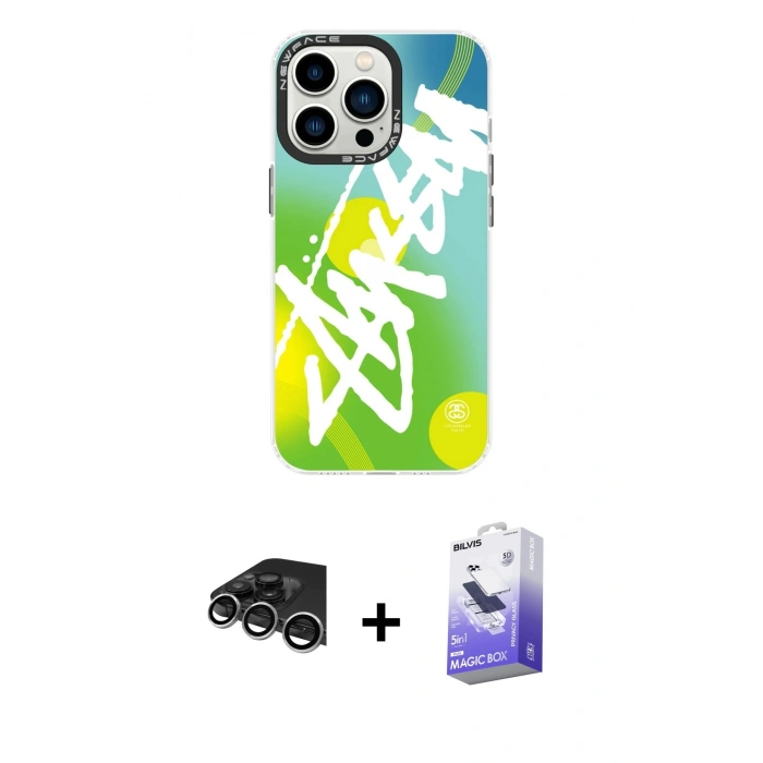 ieg™ iPhone 14 Pro Max Kılıf Siluet Çizgi Koleksiyonu - Siyah Bilvis 5in1 5D Magic Hayalet Cam Ekran Koruyucu + Gümüş Raze Metal Kamera Lens