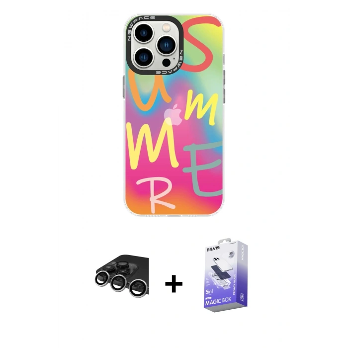 ieg™ iPhone 14 Pro Max Kılıf Siluet Çizgi Koleksiyonu - Siyah Bilvis 5in1 5D Magic Hayalet Cam Ekran Koruyucu + Gümüş Raze Metal Kamera Lens