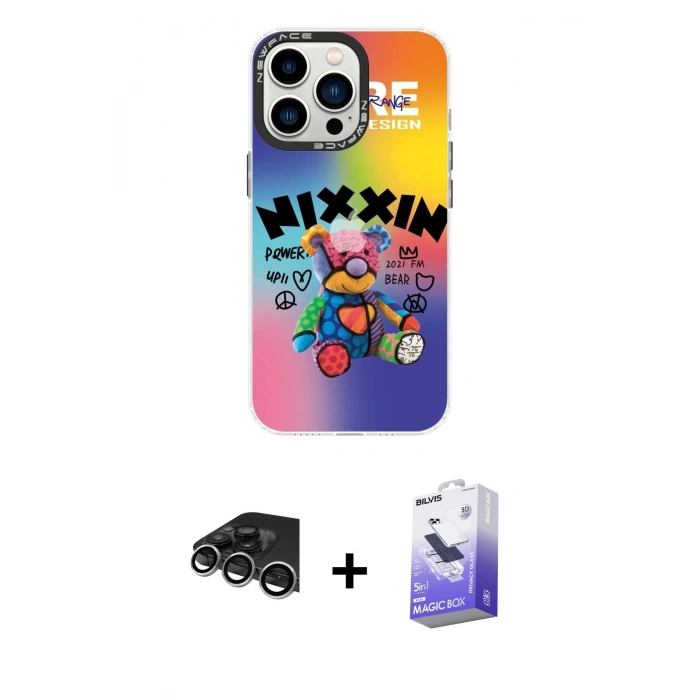 ieg™ iPhone 14 Pro Max Kılıf Siluet Çizgi Koleksiyonu - Siyah Bilvis 5in1 5D Magic Hayalet Cam Ekran Koruyucu + Gümüş Raze Metal Kamera Lens