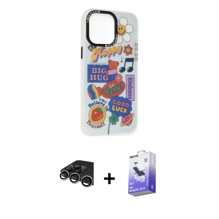 ieg™ iPhone 14 Pro Max Kılıf Siluet Çizgi Koleksiyonu - Siyah Bilvis 5in1 5D Magic Hayalet Cam Ekran Koruyucu + Gümüş Raze Metal Kamera Lens