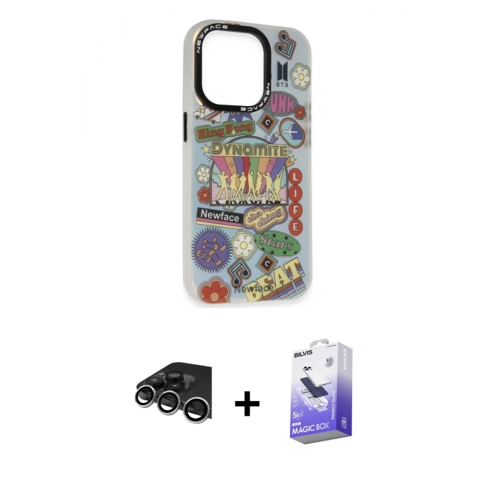 ieg™ iPhone 14 Pro Max Kılıf Siluet Çizgi Koleksiyonu - Siyah Bilvis 5in1 5D Magic Hayalet Cam Ekran Koruyucu + Gümüş Raze Metal Kamera Lens