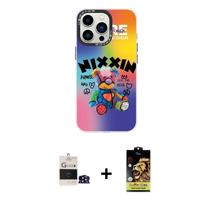 ieg™ iPhone 14 Pro Max Kılıf Siluet Çizgi Koleksiyonu - Siyah Buffer Cam Ekran Koruyucu + Siyah Bilvis Titan Kamera Lens