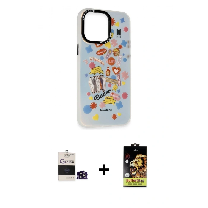 ieg™ iPhone 14 Pro Max Kılıf Siluet Çizgi Koleksiyonu - Siyah Buffer Cam Ekran Koruyucu + Siyah Bilvis Titan Kamera Lens