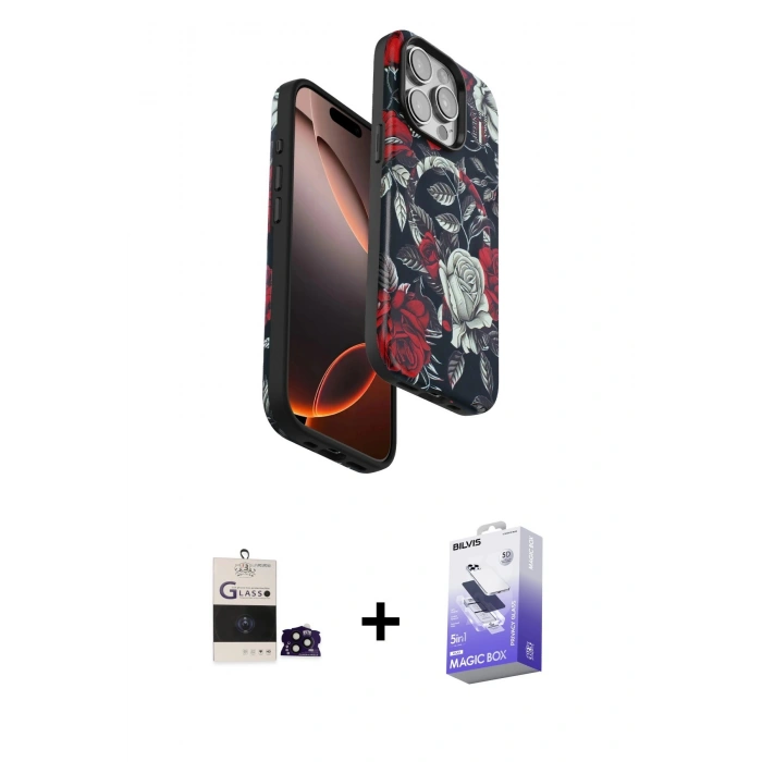 ieg™ iPhone 14 Pro Max Kılıf Siluet Doku - Siyah Bilvis 5in1 5D Magic Hayalet Cam Ekran Koruyucu + Siyah Bilvis Titan Kamera Lens