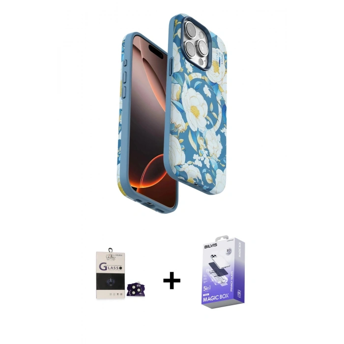 ieg™ iPhone 14 Pro Max Kılıf Siluet Doku - Siyah Bilvis 5in1 5D Magic Hayalet Cam Ekran Koruyucu + Siyah Bilvis Titan Kamera Lens