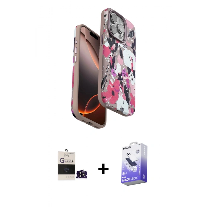 ieg™ iPhone 14 Pro Max Kılıf Siluet Doku - Siyah Bilvis 5in1 5D Magic Hayalet Cam Ekran Koruyucu + Siyah Bilvis Titan Kamera Lens