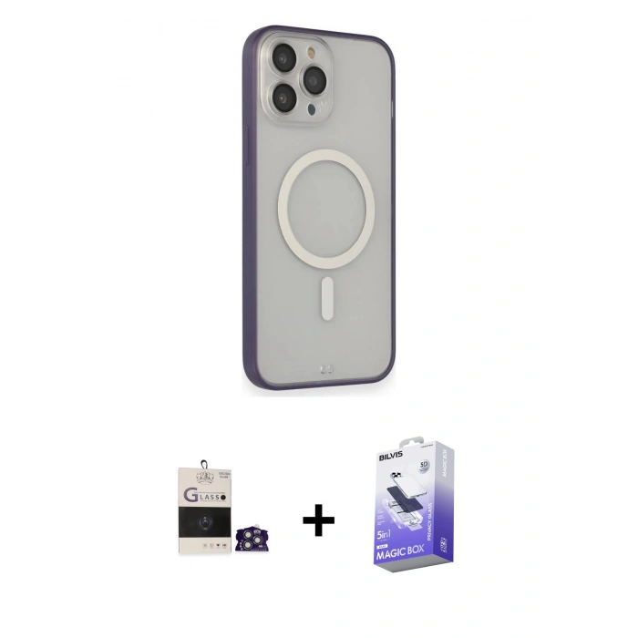 ieg™ iPhone 14 Pro Max Kılıf Siluet Işık Koleksiyonu - Siyah Bilvis 5in1 5D Magic Hayalet Cam Ekran Koruyucu + Gümüş Bilvis Titan Kamera Lens