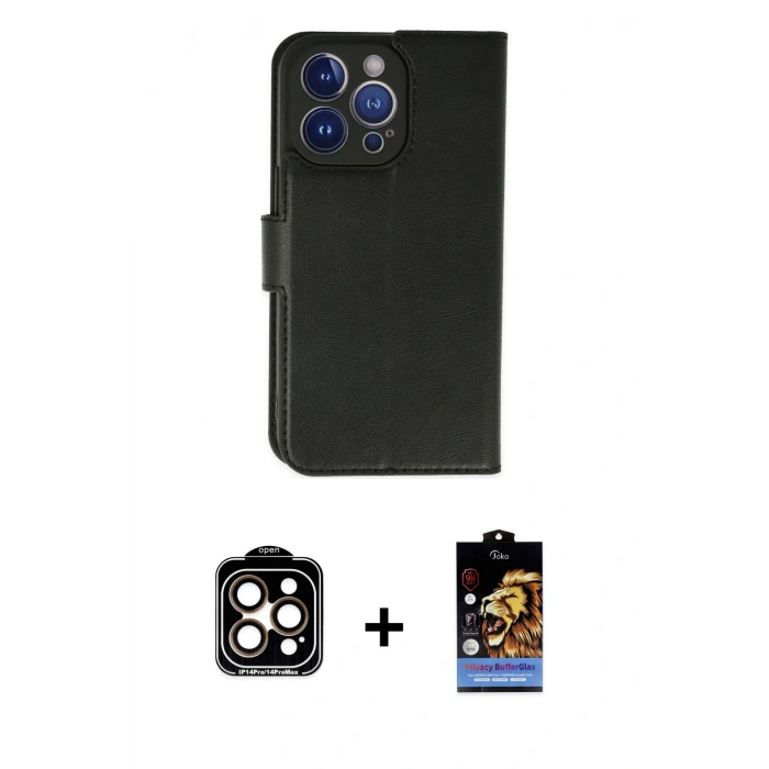 ieg™ iPhone 14 Pro Max Kılıf Siluet Işık Serisi - Siyah Buffer Hayalet Cam Ekran Koruyucu + Turuncu PVD Metal Kamera Lens