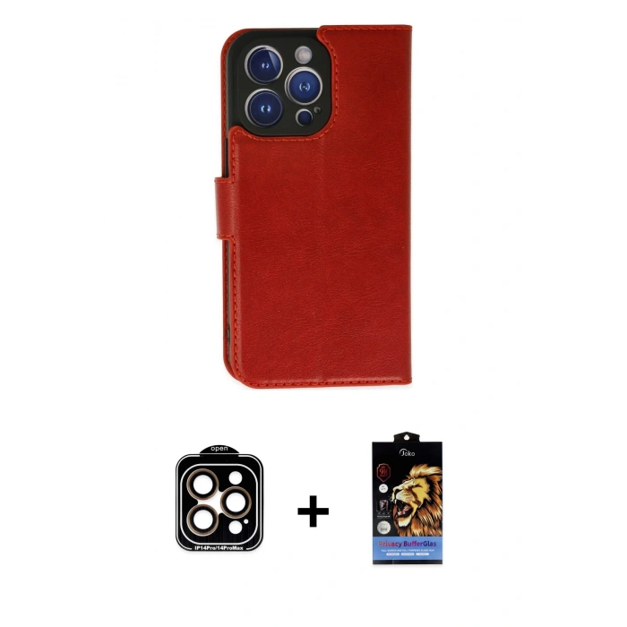ieg™ iPhone 14 Pro Max Kılıf Siluet Işık Serisi - Siyah Buffer Hayalet Cam Ekran Koruyucu + Turuncu PVD Metal Kamera Lens