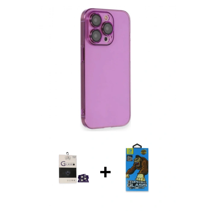 ieg™ iPhone 14 Pro Max Kılıf Siluet Minimal Özel Seri - Siyah 18D Cam Ekran Koruyucu + Gümüş Bilvis Titan Kamera Lens