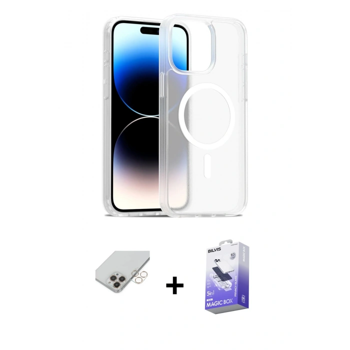 ieg™ iPhone 14 Pro Max Kılıf Siluet Minimal Prime - Siyah Bilvis 5in1 5D Magic Hayalet Cam Ekran Koruyucu + Gold Band Metal Kamera Lens